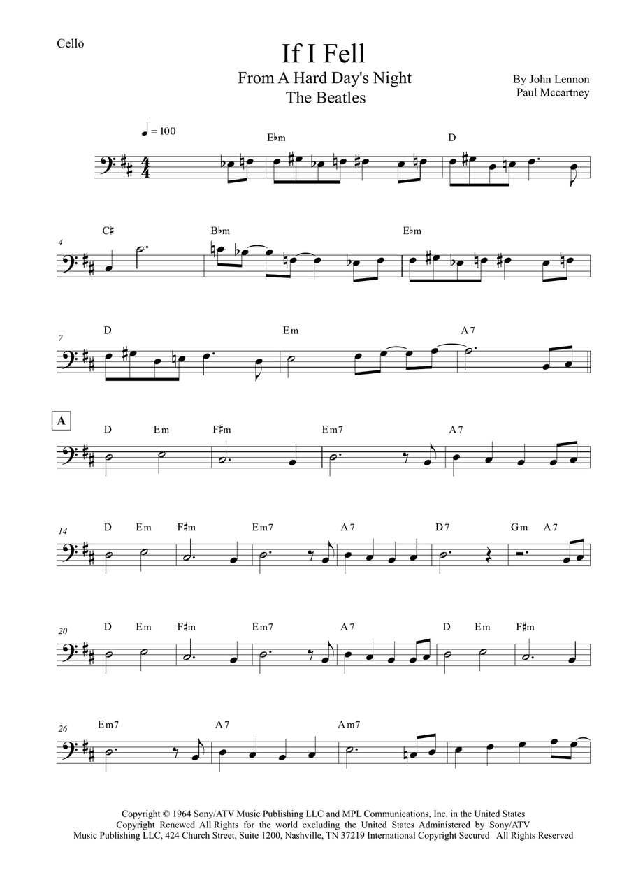 If I Fell If I Fell Cello Solo scores gallery preview page 1