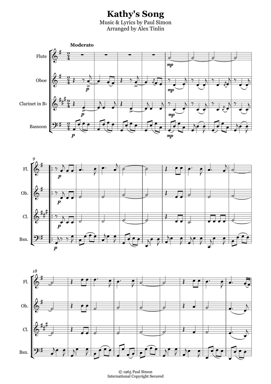 Kathy's Song Kathy's Song Woodwind Quartet scores gallery preview page 2