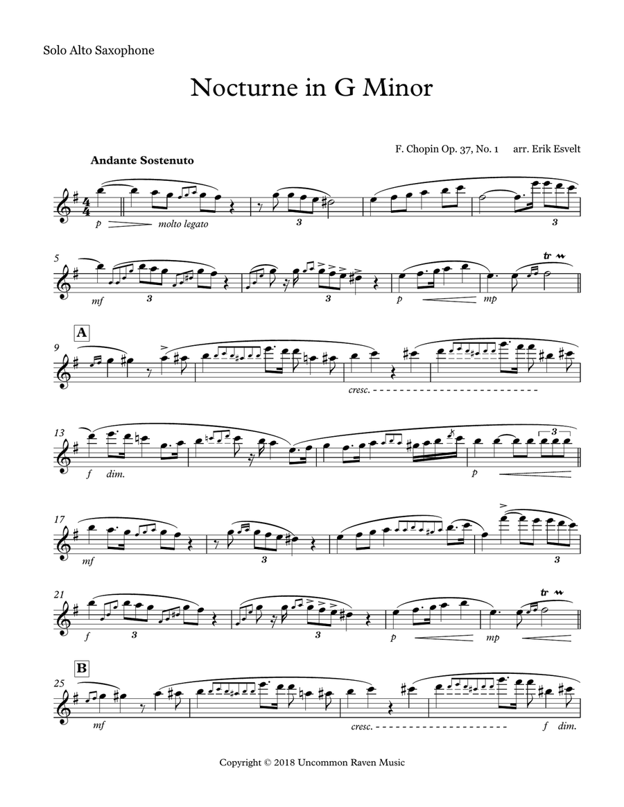 Nocturne in G Minor arranged for Wind Ensemble and Solo Alto Saxophone - Solo part only Chamber Music scores gallery preview page 1