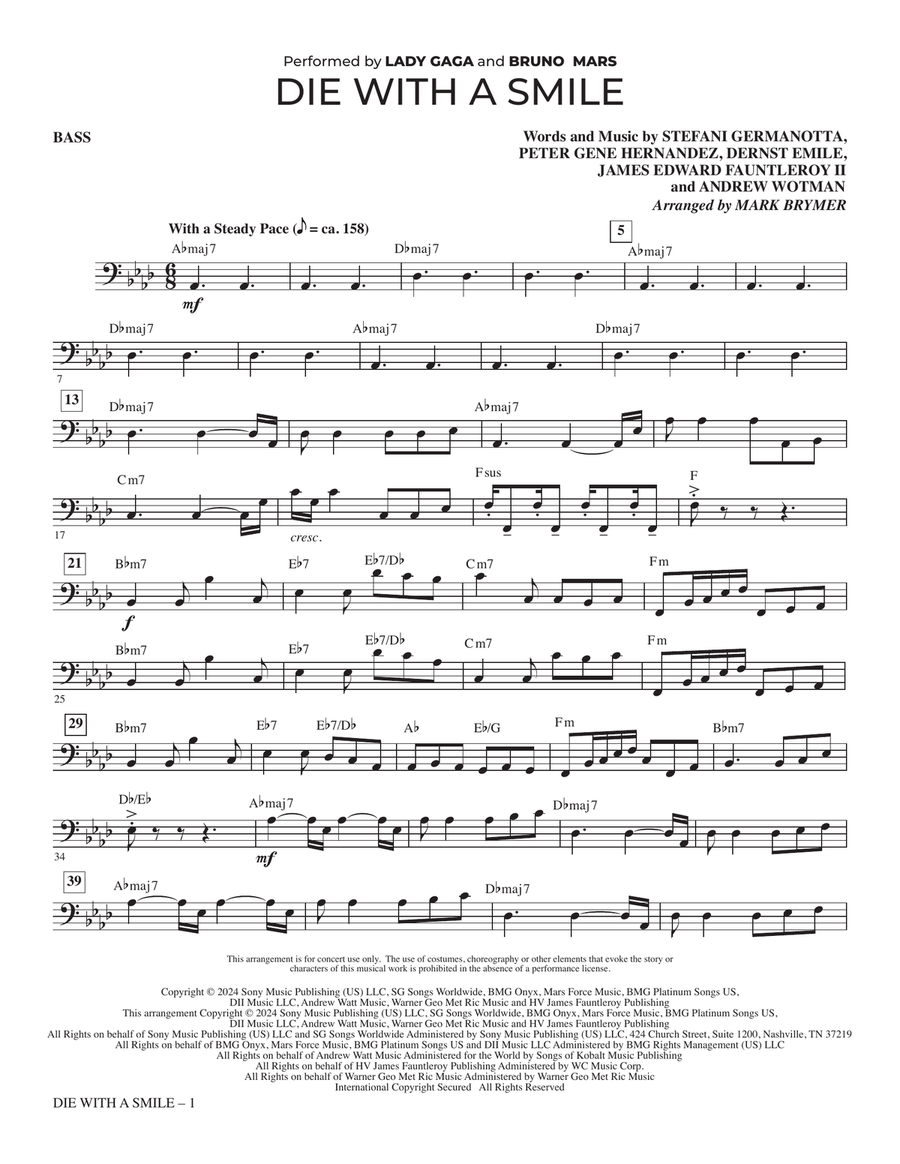 Die With A Smile (arr. Mark Brymer) - Bass Choir scores gallery preview page 1