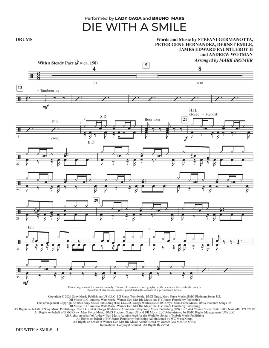 Die With A Smile (arr. Mark Brymer) - Drum Set Choir scores gallery preview page 1