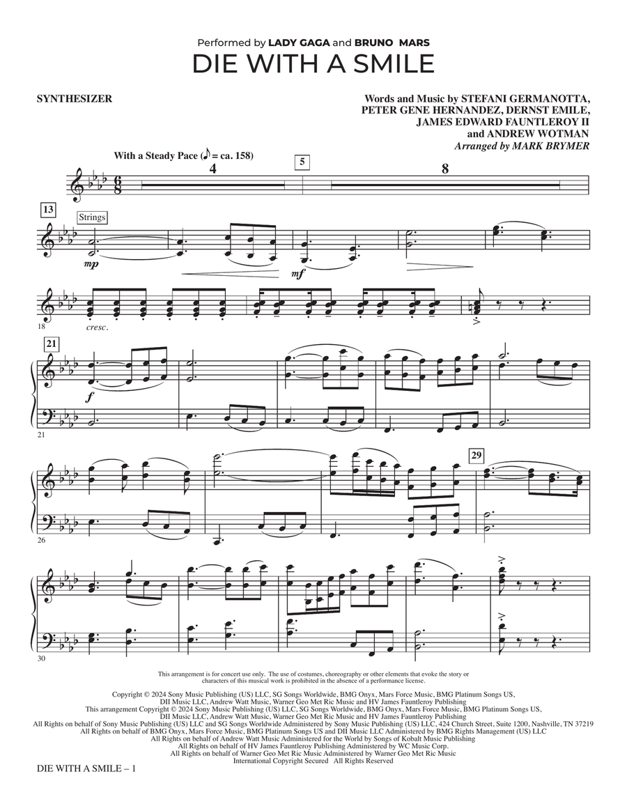 Die With A Smile (arr. Mark Brymer) - Synthesizer Choir scores gallery preview page 1