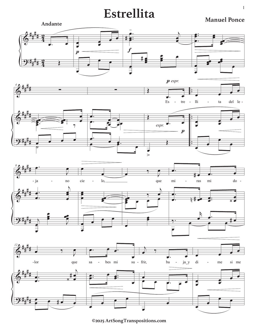 PONCE: Estrellita (transposed to E major) Piano, Vocal scores gallery preview page 2