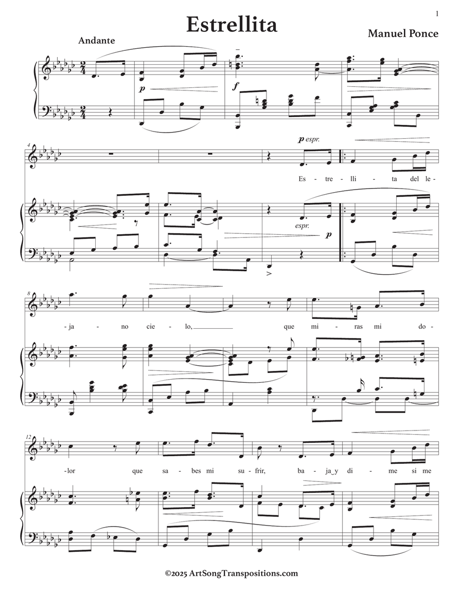 PONCE: Estrellita (transposed to G-flat major) Piano, Vocal scores gallery preview page 2