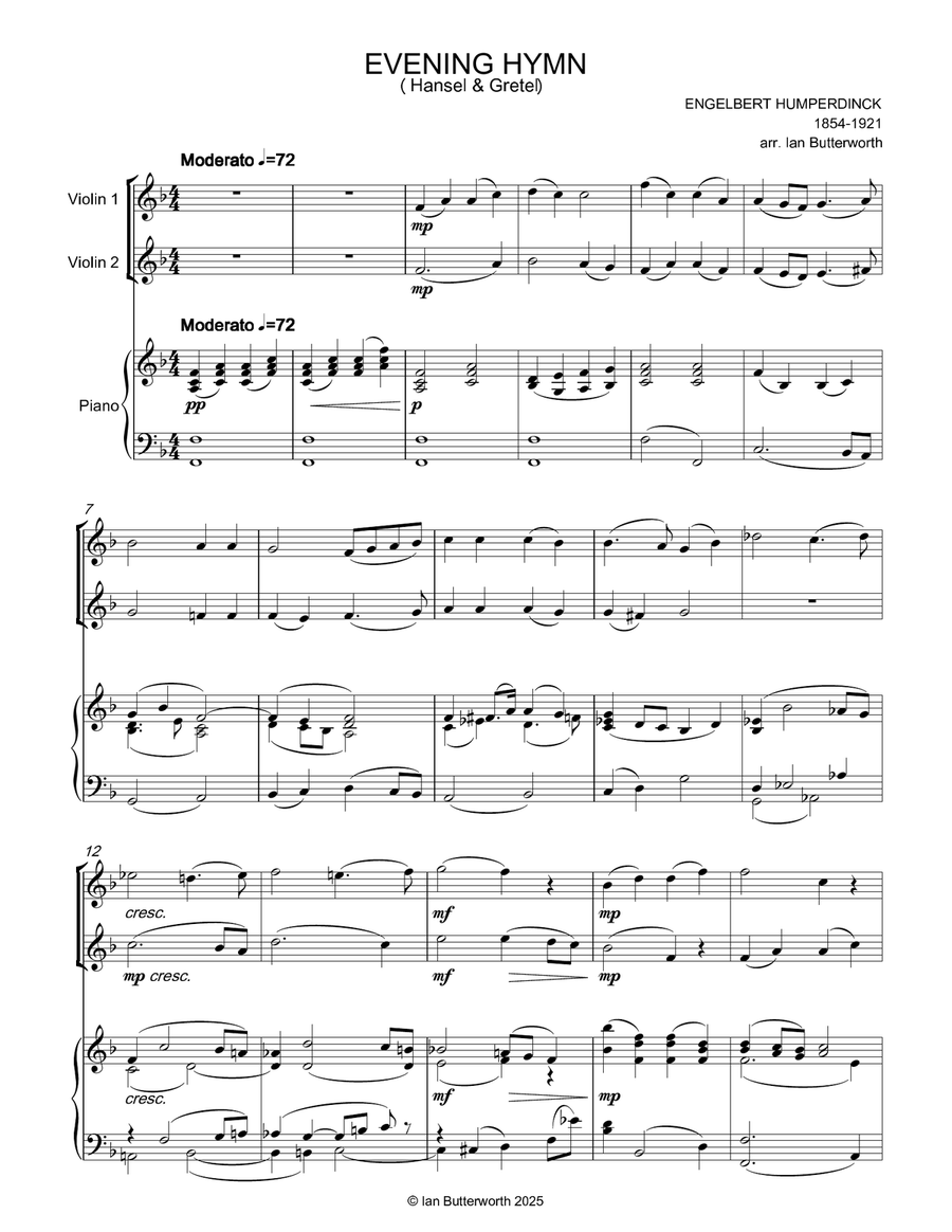Evening Hymn arranged for two violins & piano by Ian Butterworth String Duet scores gallery preview page 2