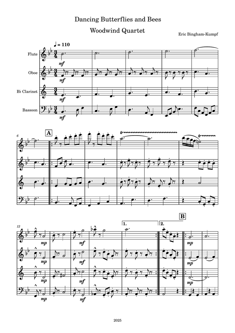 Dancing Butterflies and Bees Woodwind Quartet scores gallery preview page 1