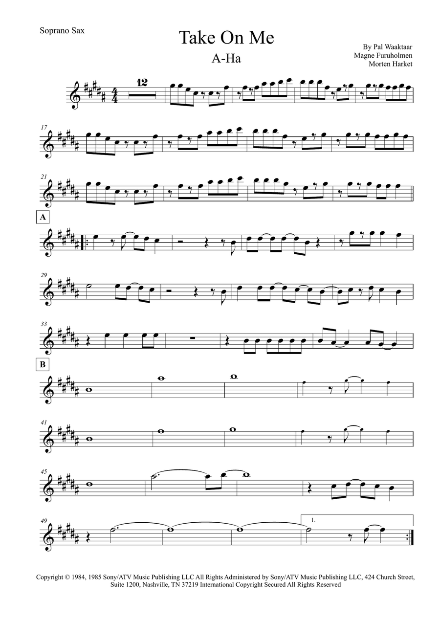 Take On Me Take On Me Soprano Saxophone scores gallery preview page 1