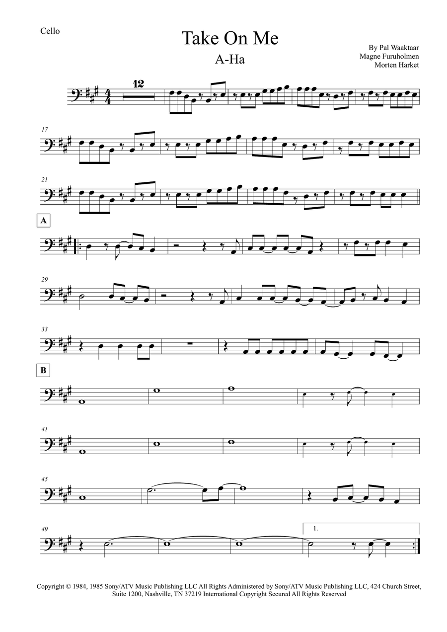 Take On Me Take On Me Cello Solo scores gallery preview page 1