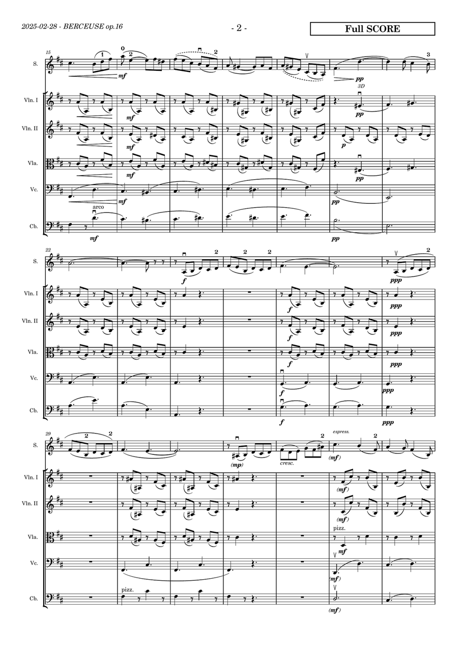 Faure's Berceuse op.16 for solo violin and strings (quartet, double bass ad libitum). Ed. Paulinyi. Chamber Music scores gallery preview page 2