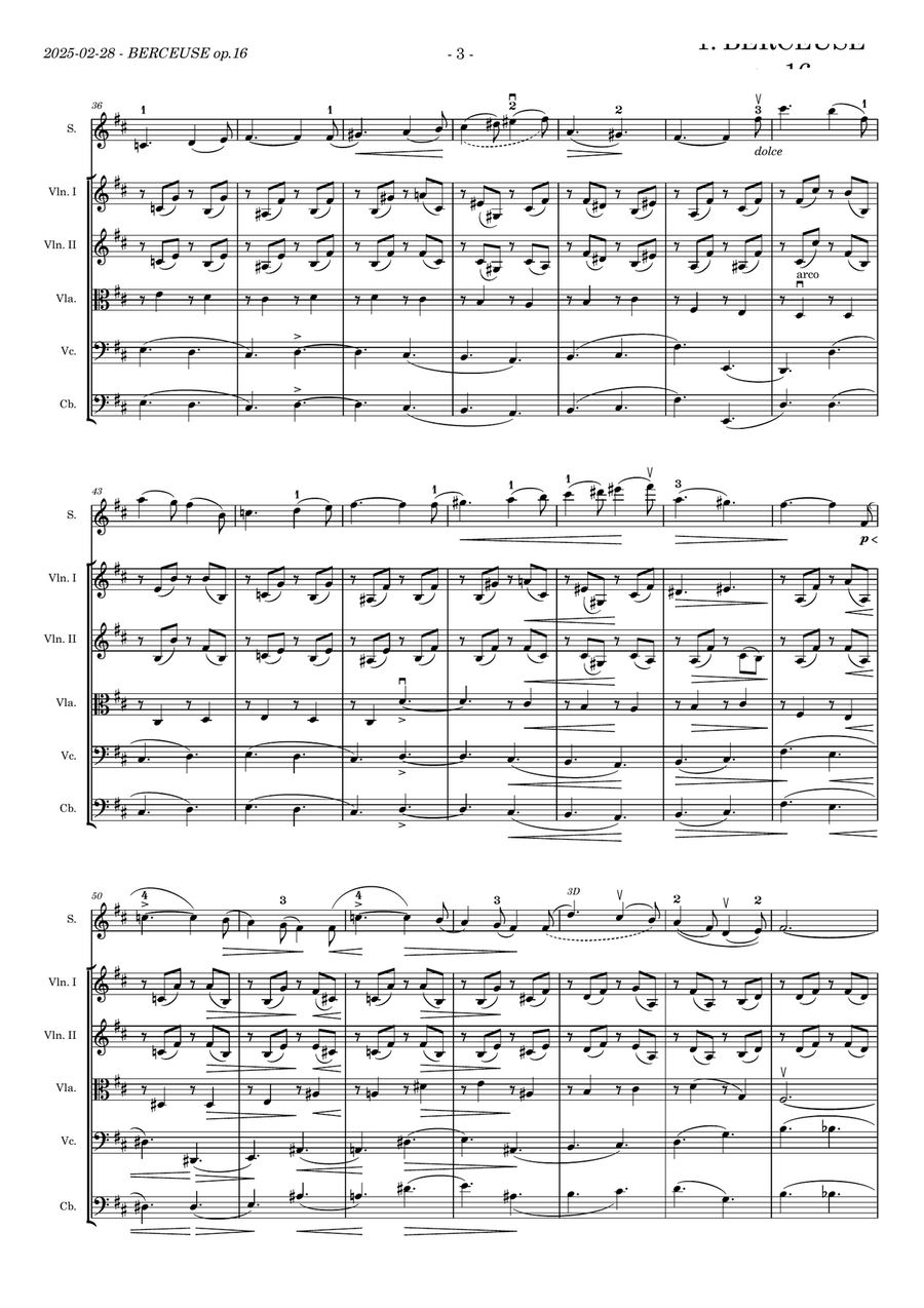 Faure's Berceuse op.16 for solo violin and strings (quartet, double bass ad libitum). Ed. Paulinyi. Chamber Music scores gallery preview page 3