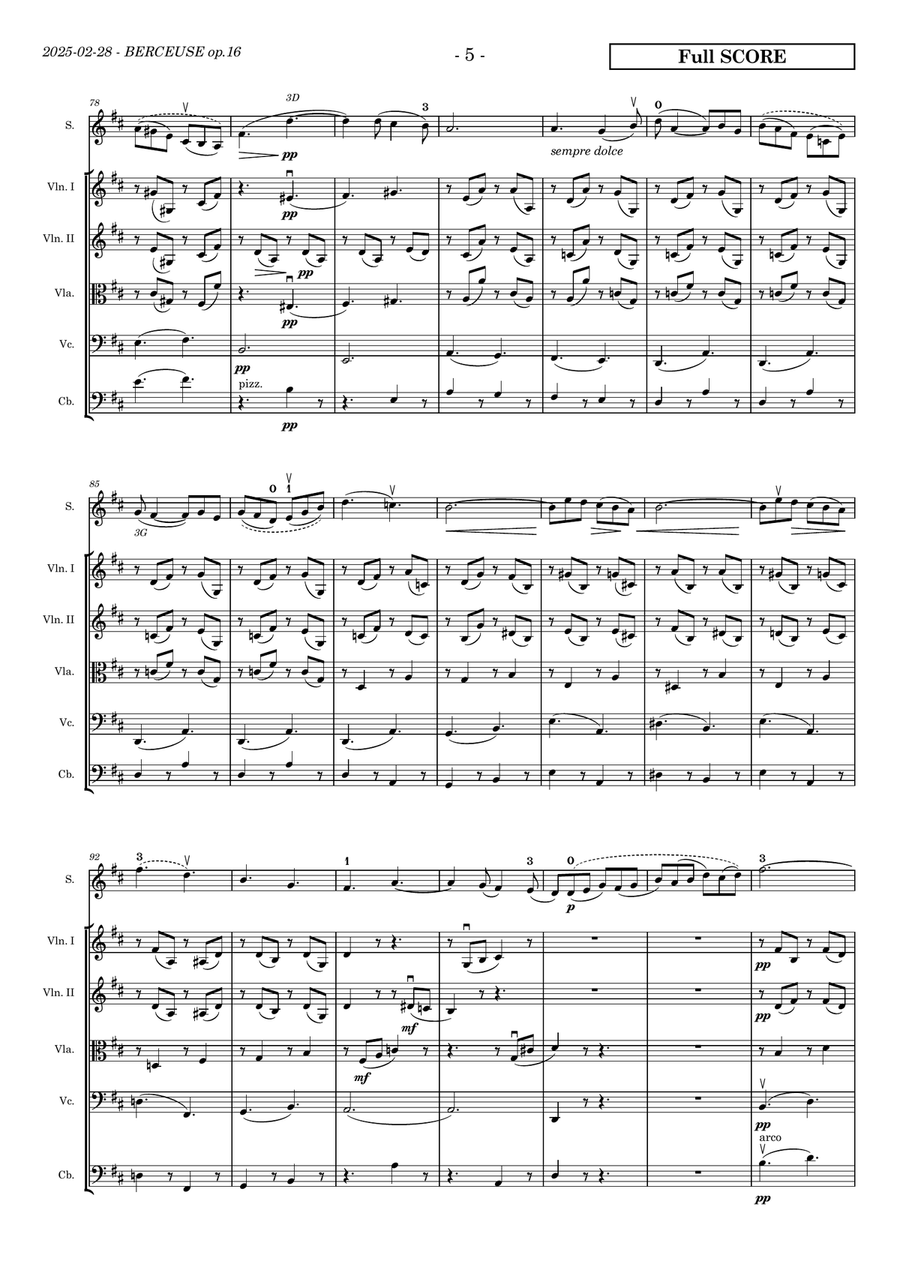 Faure's Berceuse op.16 for solo violin and strings (quartet, double bass ad libitum). Ed. Paulinyi. Chamber Music scores gallery preview page 5