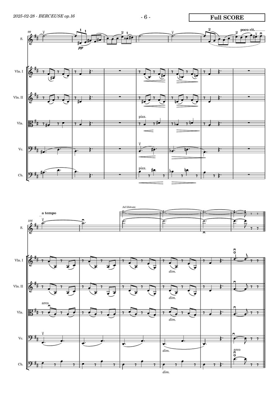 Faure's Berceuse op.16 for solo violin and strings (quartet, double bass ad libitum). Ed. Paulinyi. Chamber Music scores gallery preview page 6