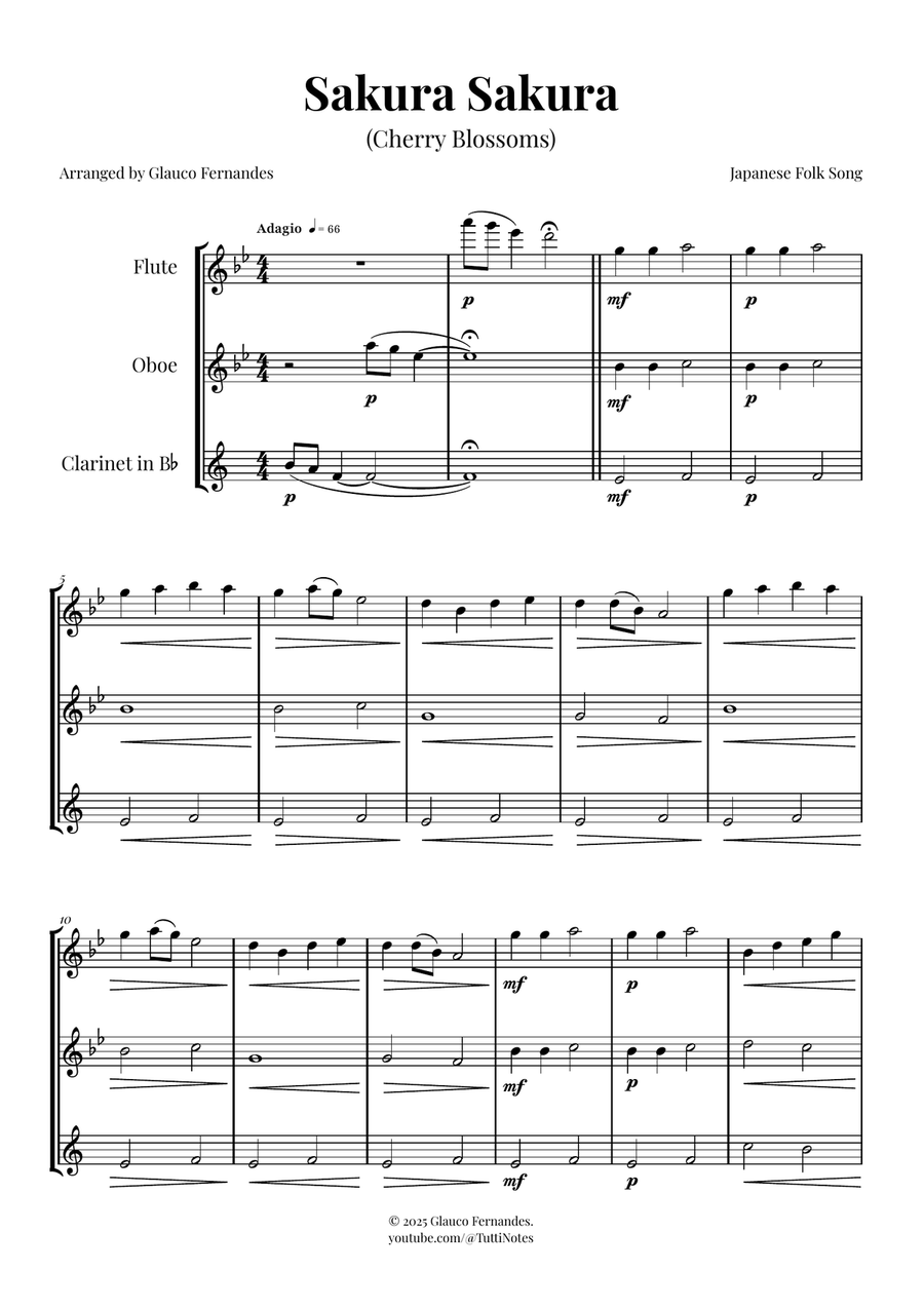 Sakura Sakura (Cherry Blossoms): A BEAUTIFUL Japanese Melody Woodwind Trio scores gallery preview page 1