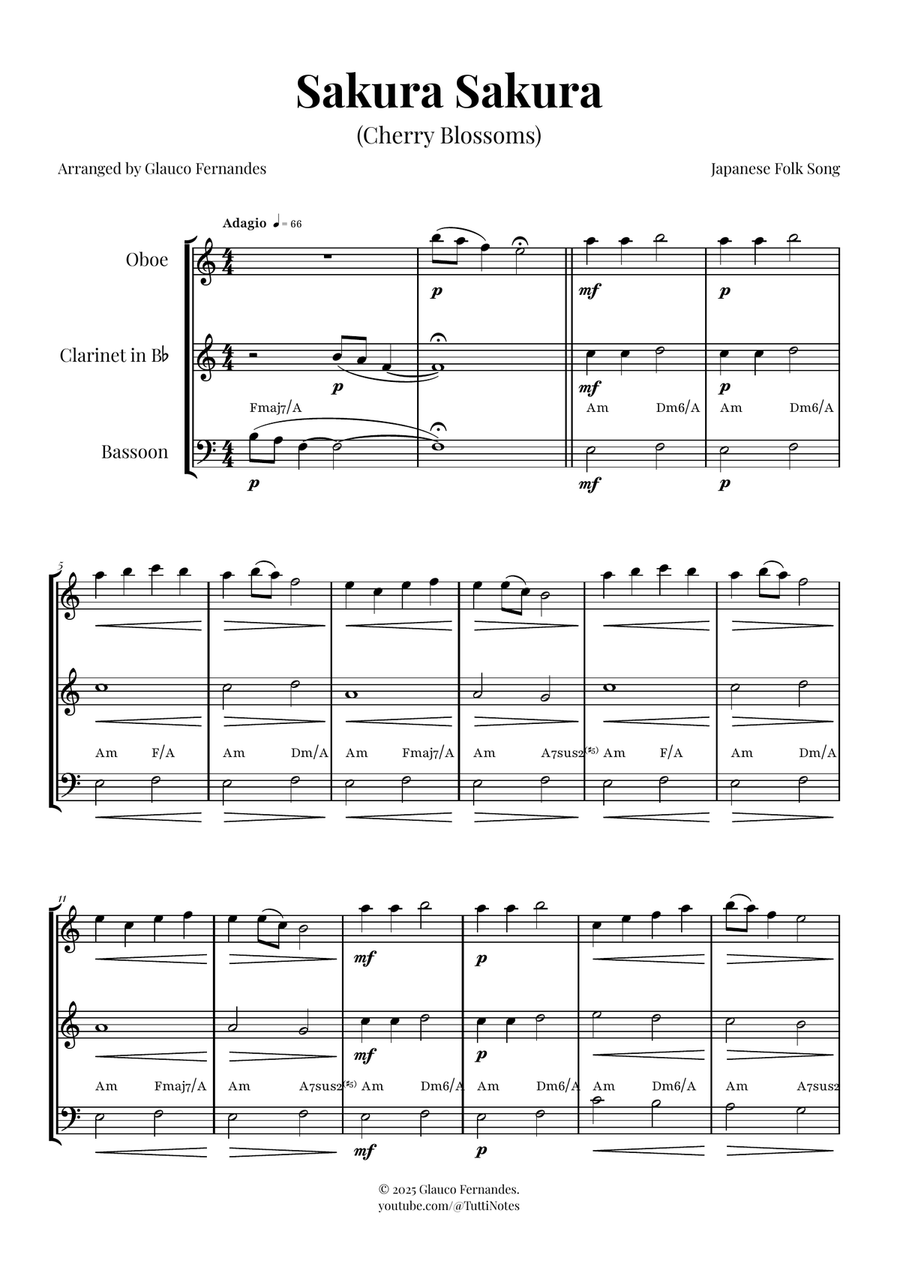 Sakura Sakura (Cherry Blossoms): A BEAUTIFUL Japanese Melody Woodwind Trio scores gallery preview page 1