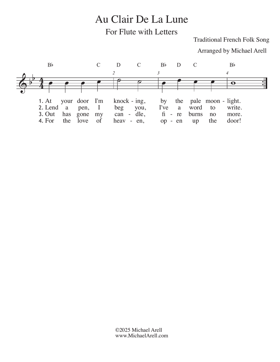 Au Clair De La Lune for Flute Piccolo scores gallery preview page 1
