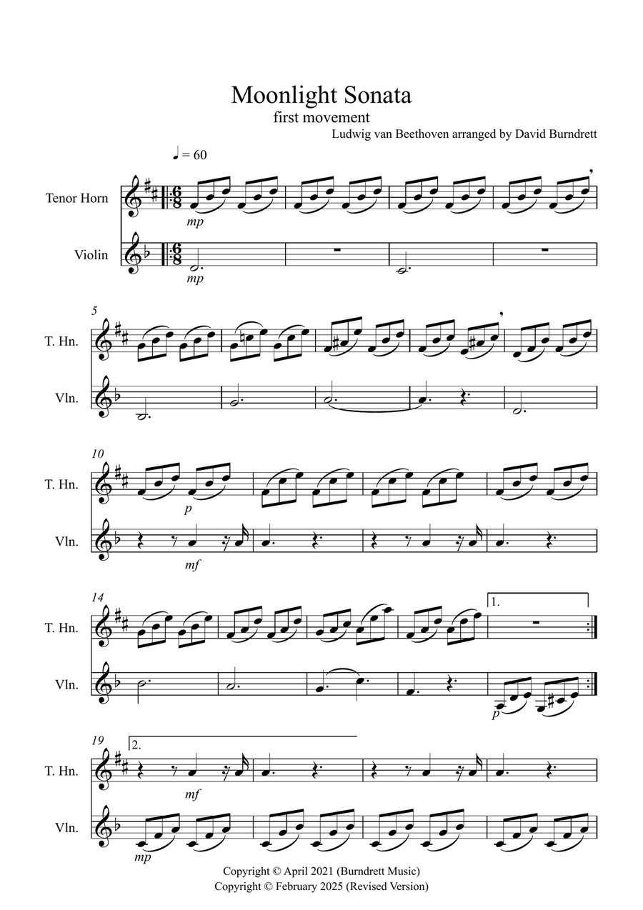 Moonlight Sonata for (1st movement) for Tenor Horn and Violin Duet Horn scores gallery preview page 1