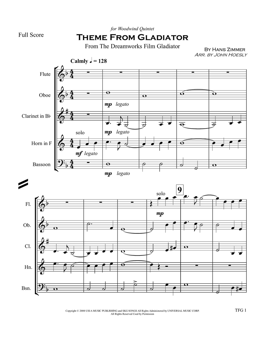 Gladiator Main Theme Woodwind Quintet scores gallery preview page 2