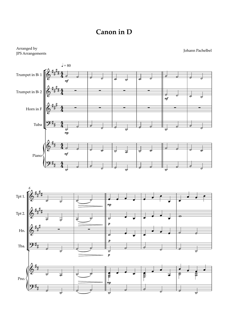 Canon in D for Brass Quartet and piano Brass Quartet scores gallery preview page 1