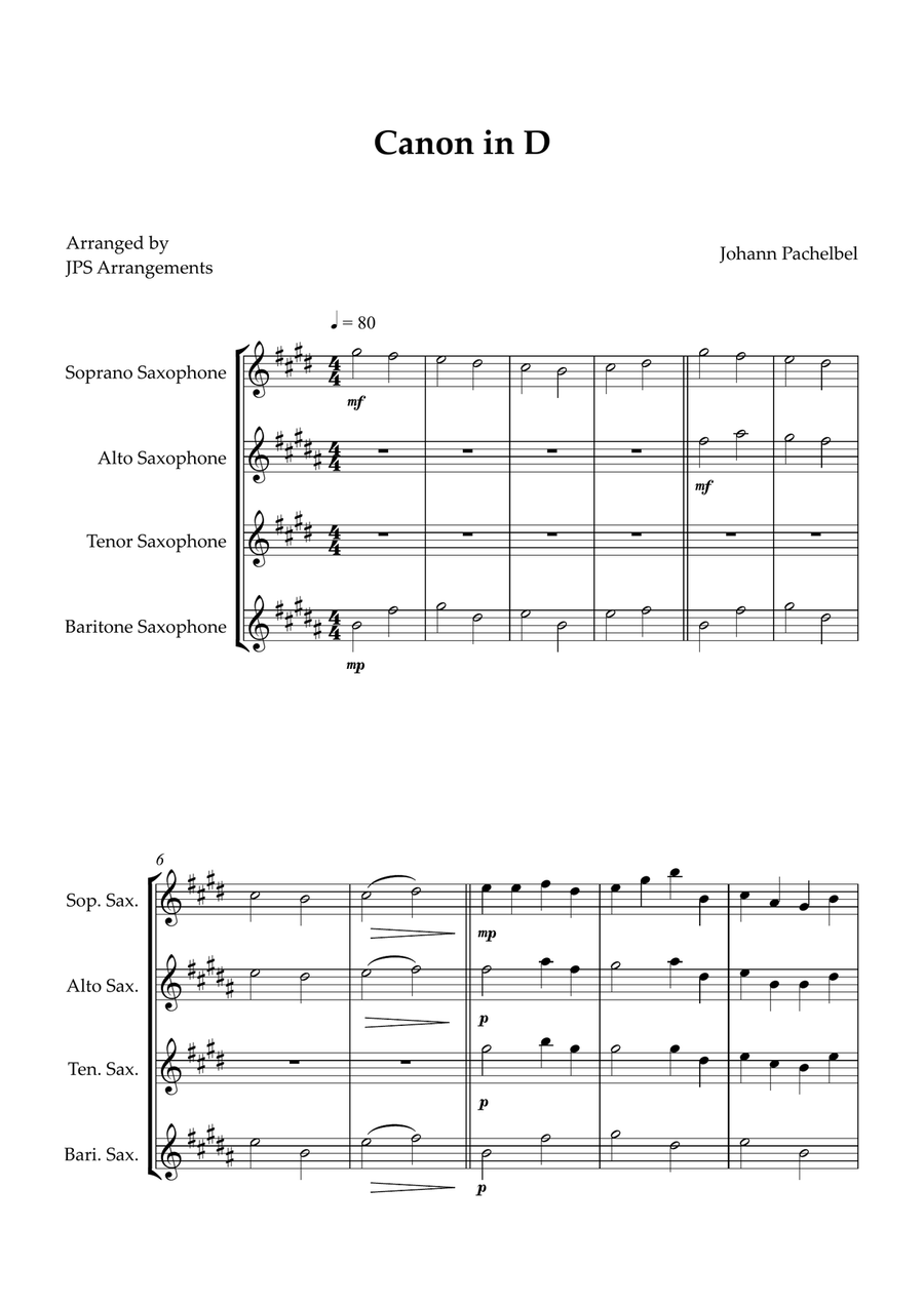 Canon in D for Sax Quartet Saxophone Quartet scores gallery preview page 1
