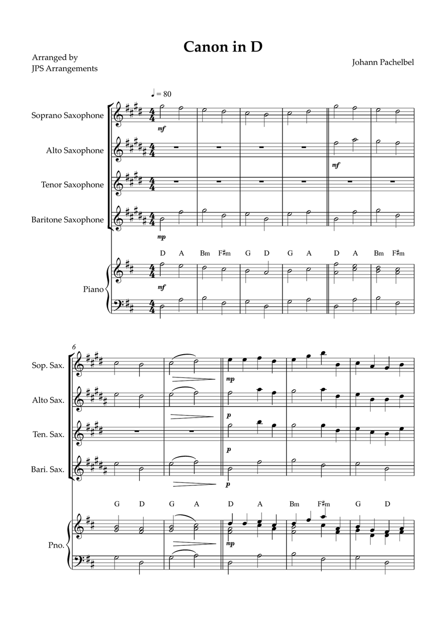 Canon in D for Sax Quartet and piano Woodwind Ensemble scores gallery preview page 1