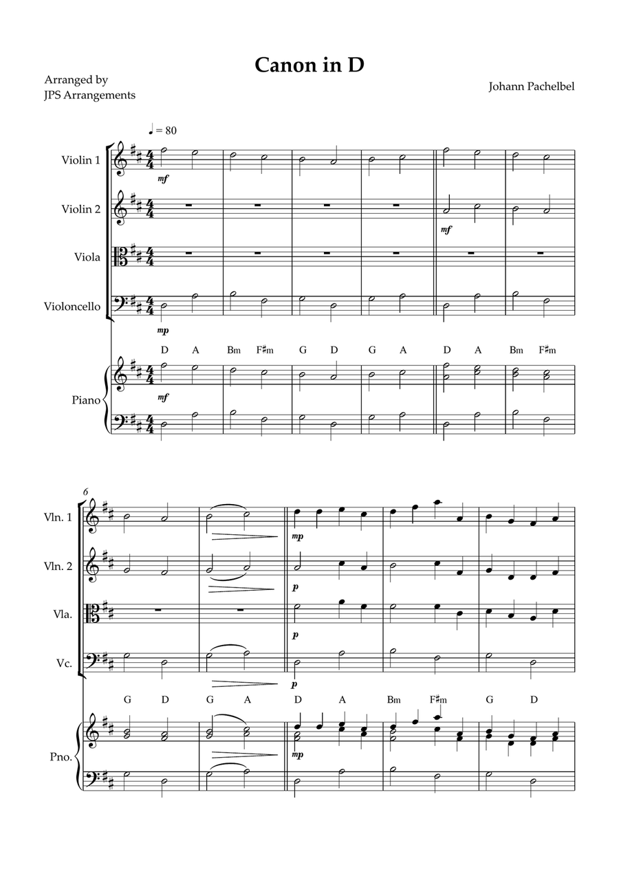 Canon in D for String Quartet and piano String Quartet scores gallery preview page 1