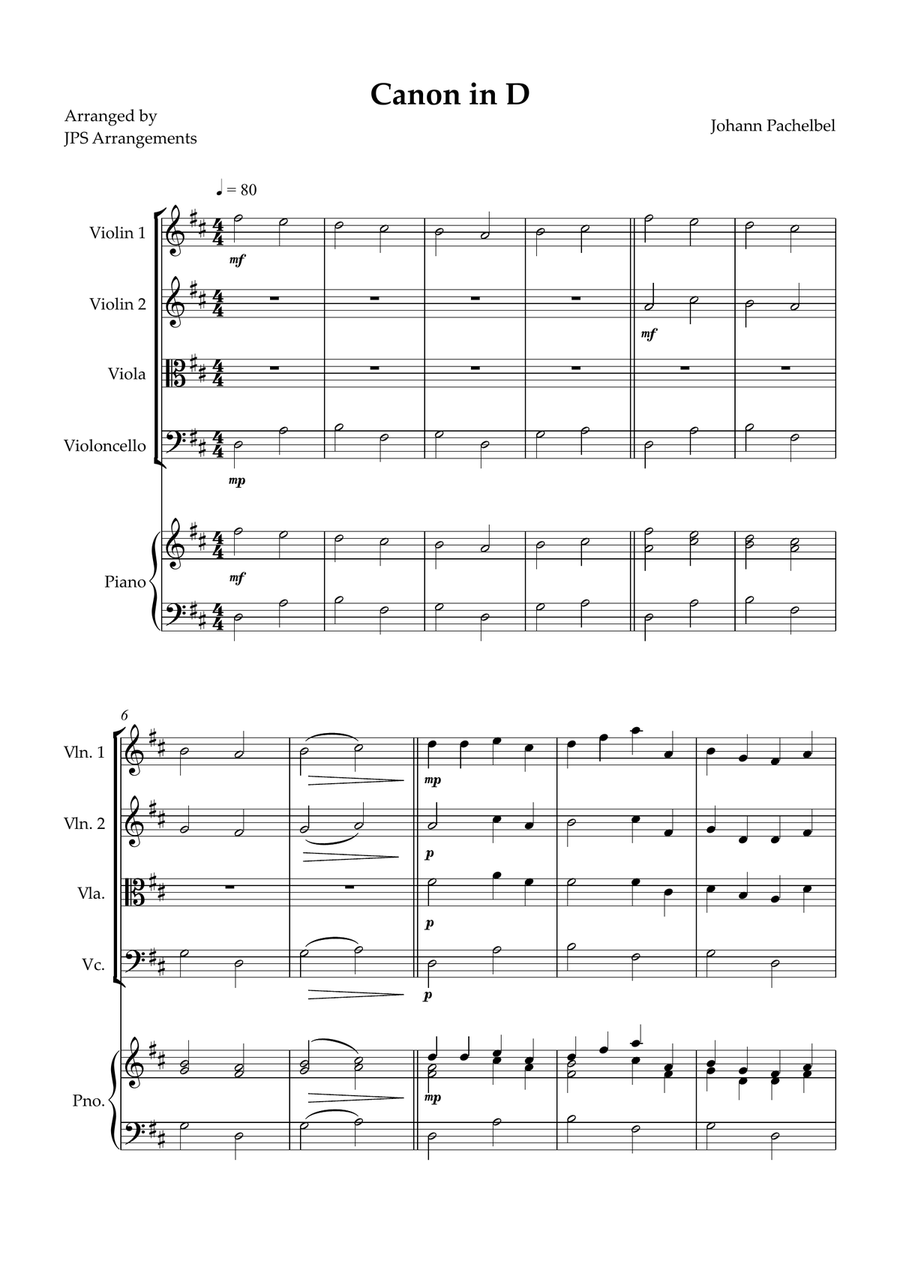 Canon in D for String Quartet and piano String Quartet scores gallery preview page 1