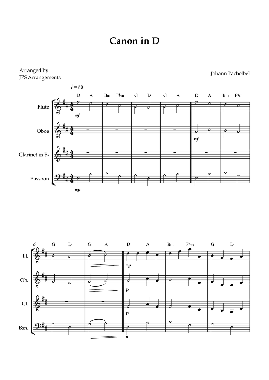 Canon in D for Wind Quartet Woodwind Quartet scores gallery preview page 1