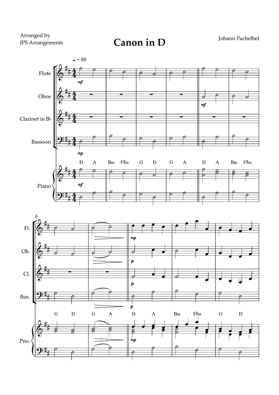 Canon in D for Wind Quartet and piano Woodwind Quartet scores gallery preview page 1