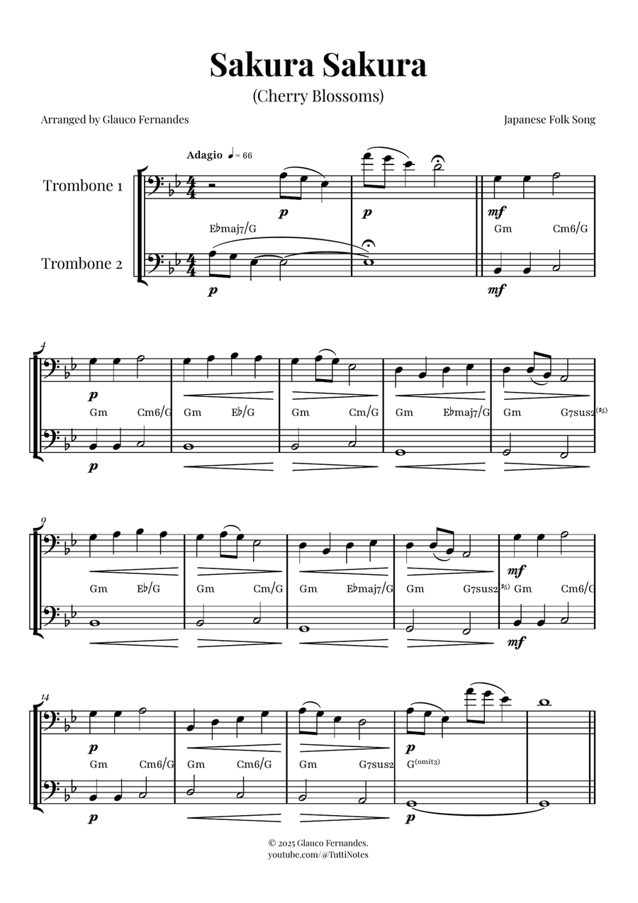 Sakura Sakura (Cherry Blossoms) – BEAUTIFUL DUET Trombone Duet scores gallery preview page 1