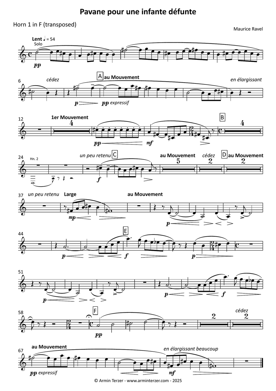 Pavane pour une infante défunte - transposed horn parts (1-2) Horn Solo scores gallery preview page 1