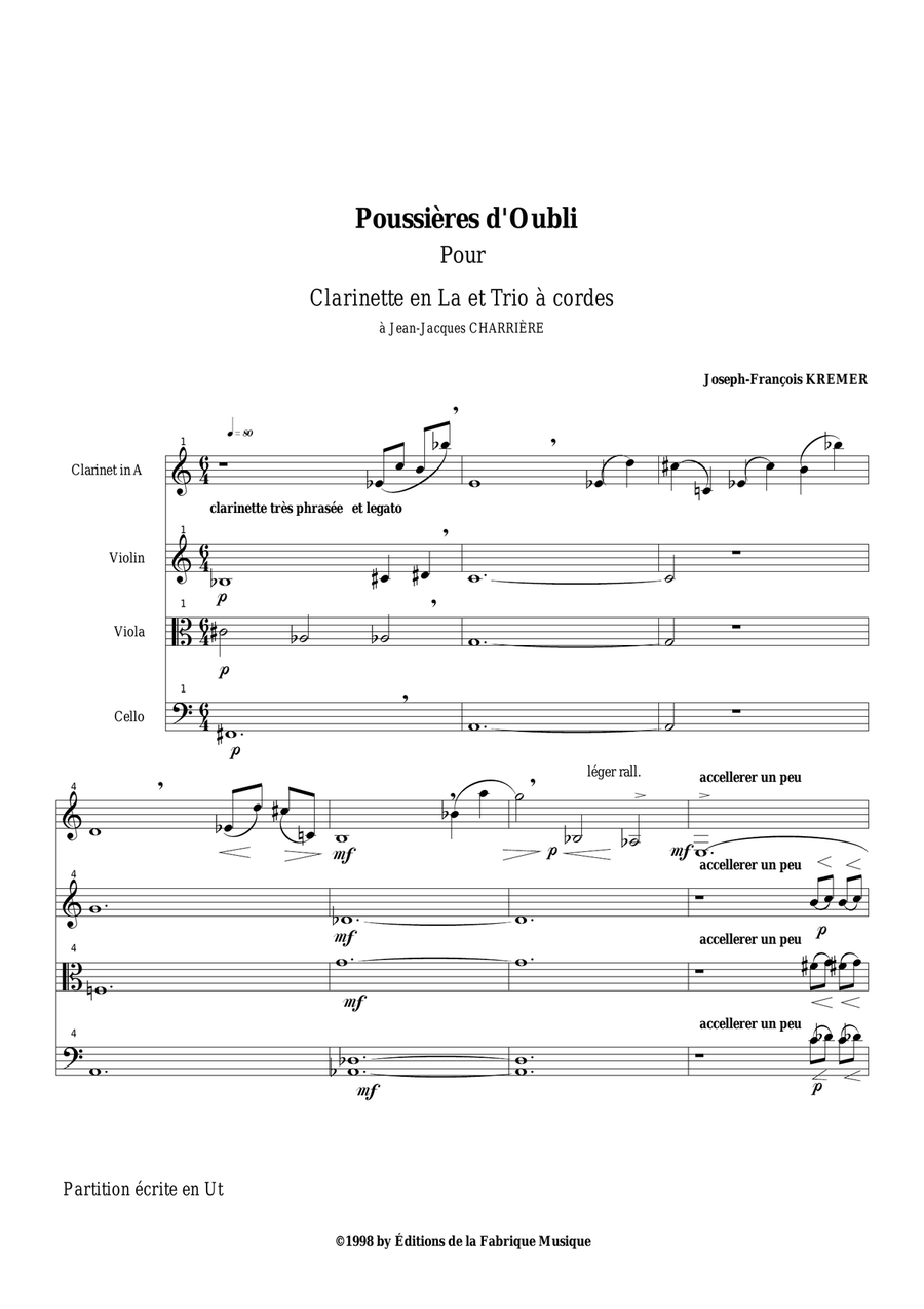 Joseph-François Kremer : Poussières d'Oubli for A clarinet and string trio Small Ensemble scores gallery preview page 1