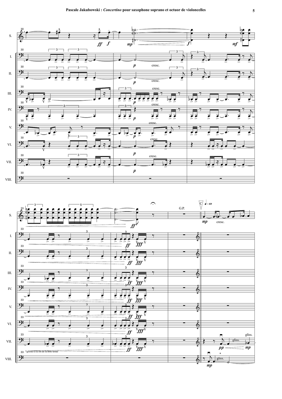 Pascale Jakubowski : Concertino for soprano saxophone and cello octet - Score Only Large Ensemble scores gallery preview page 5