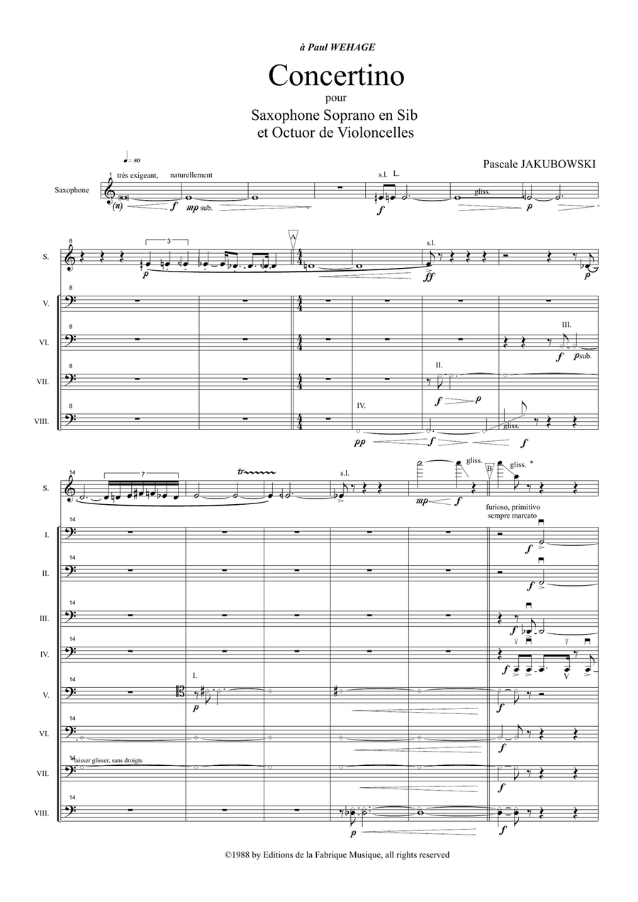 Pascale Jakubowski : Concertino for soprano saxophone and cello octet, score and parts Large Ensemble scores gallery preview page 2