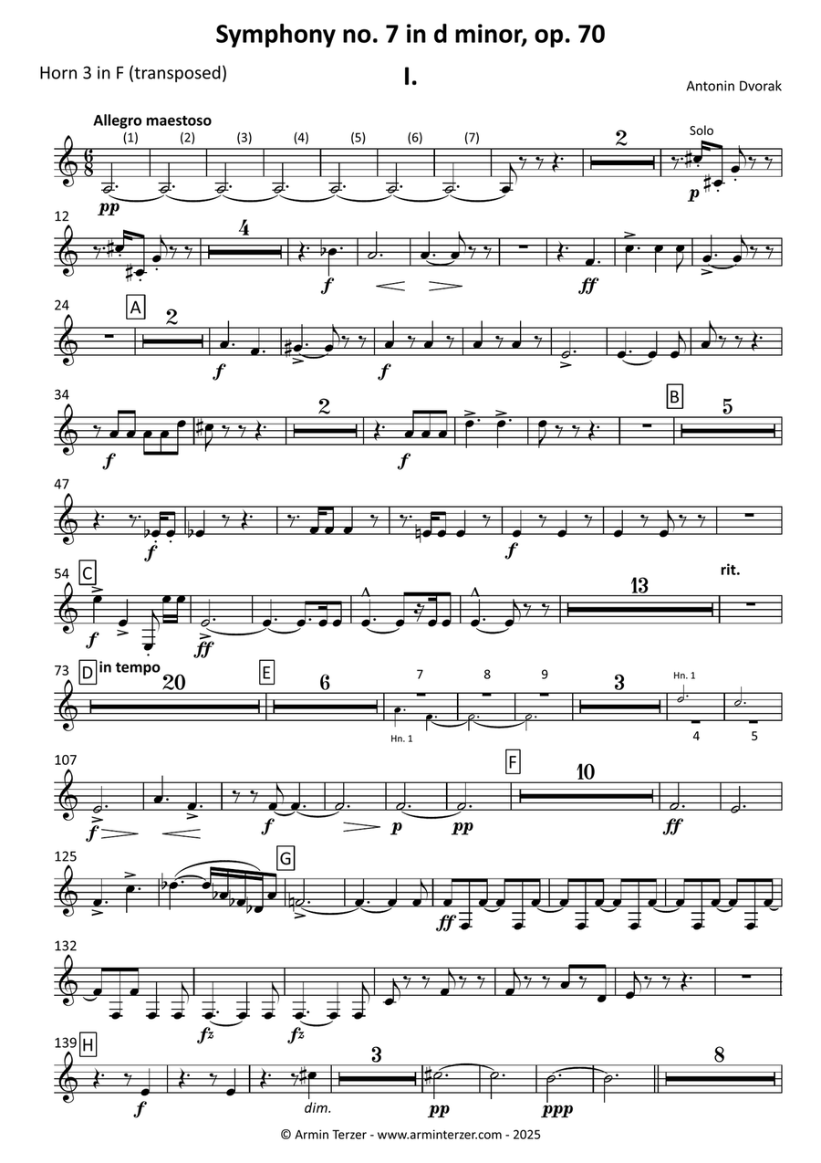Symphony no.7 - transposed horn parts (3-4) Horn Solo scores gallery preview page 1