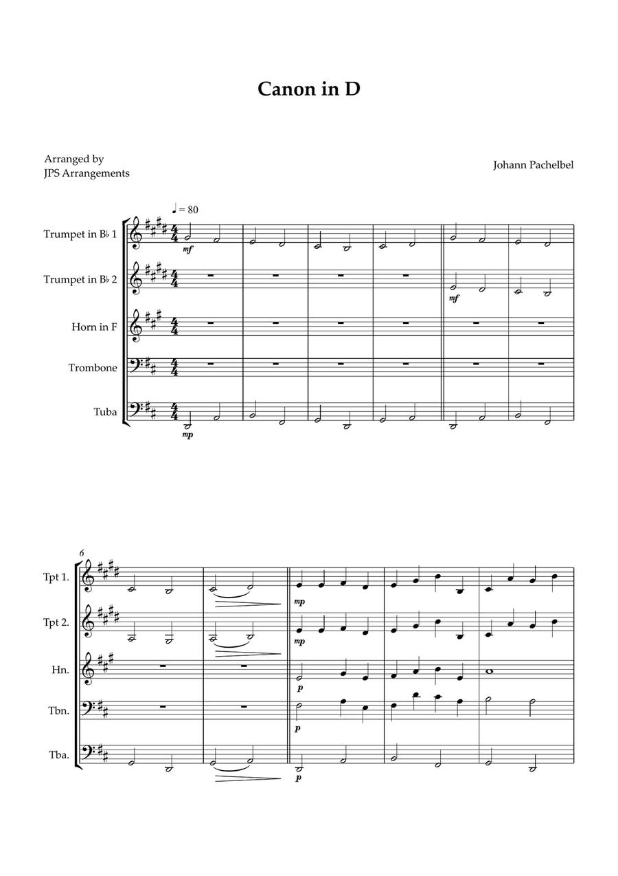 Canon in D for Brass Quintet and piano Brass Quintet scores gallery preview page 1