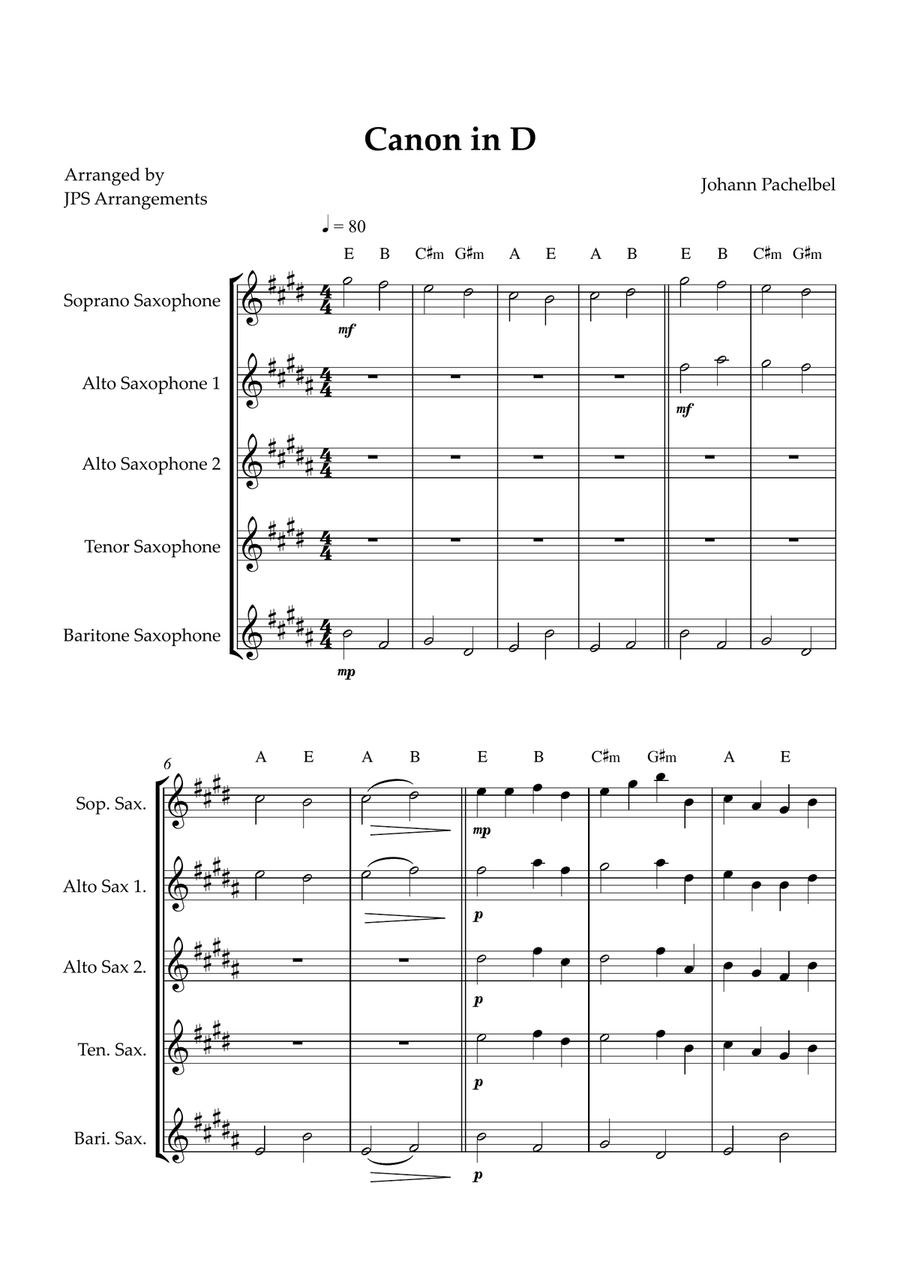 Canon in D for Sax Quintet Saxophone Quintet scores gallery preview page 1