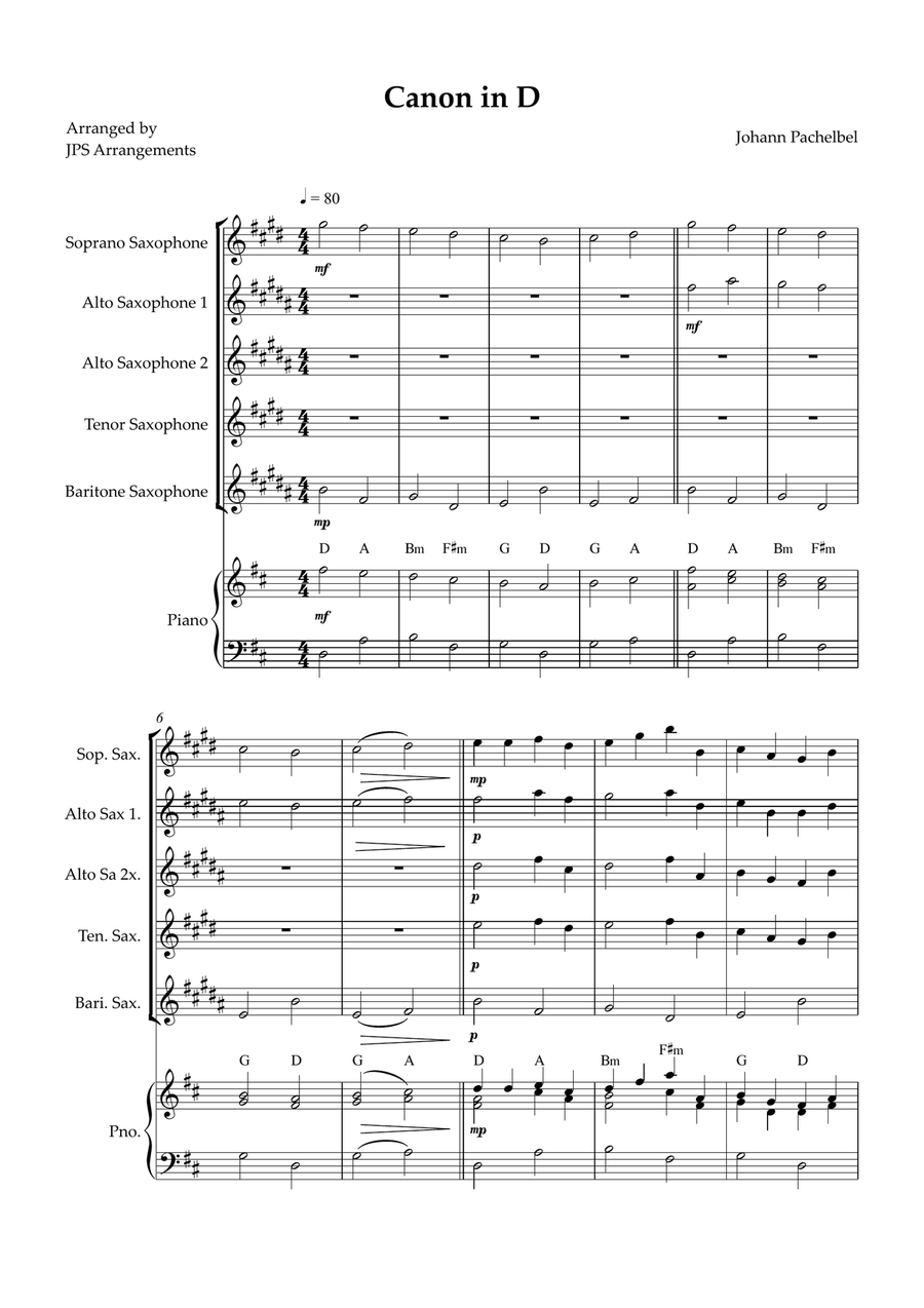 Canon in D for Sax Quintet and piano Saxophone Quintet scores gallery preview page 1