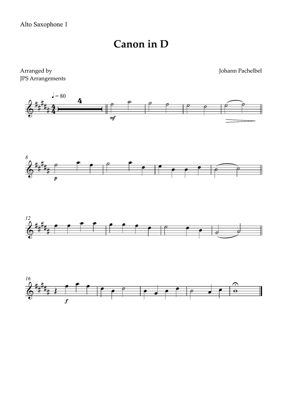 Canon in D for Sax Quintet and piano Saxophone Quintet scores gallery preview page 4