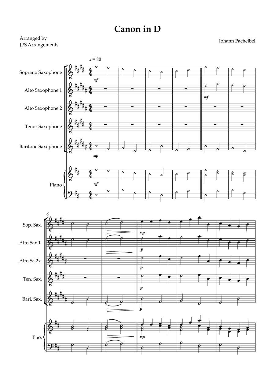 Canon in D for Sax Quintet and piano Saxophone Quintet scores gallery preview page 1