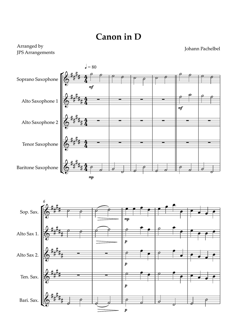 Canon in D for Sax Quintet Saxophone Quintet scores gallery preview page 1