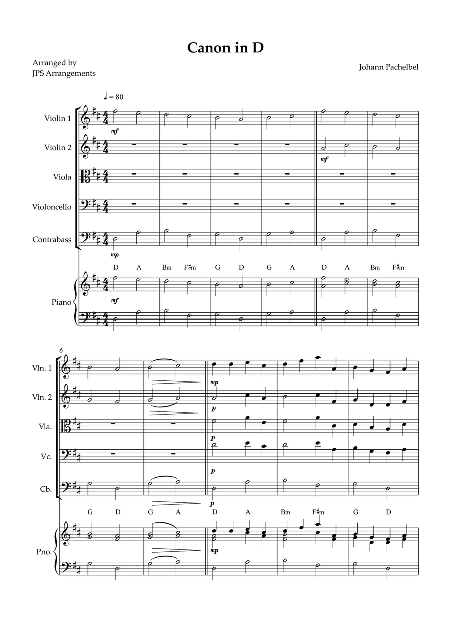 Canon in D for String Quintet and piano String Orchestra scores gallery preview page 1