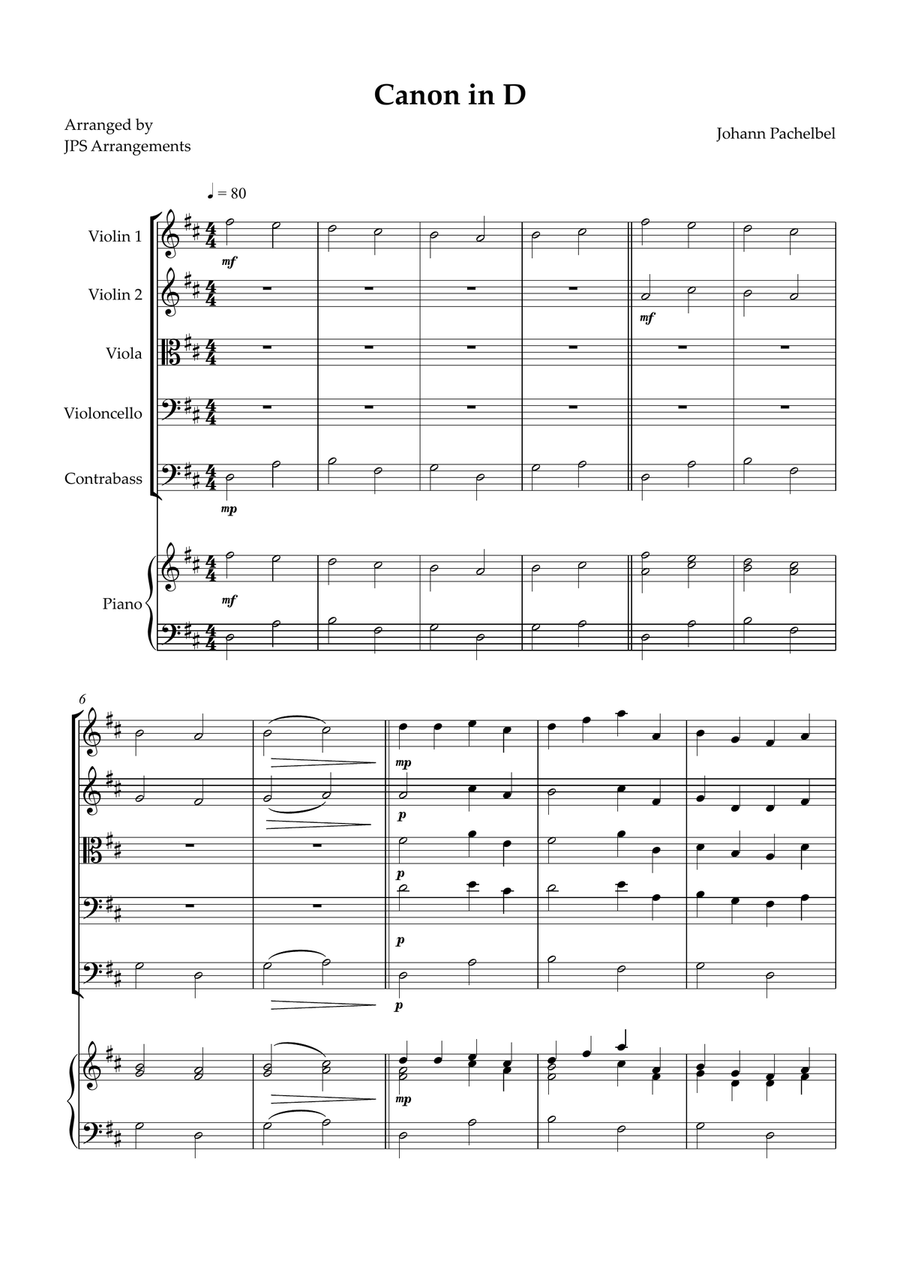 Canon in D for String Quintet and piano String Orchestra scores gallery preview page 1