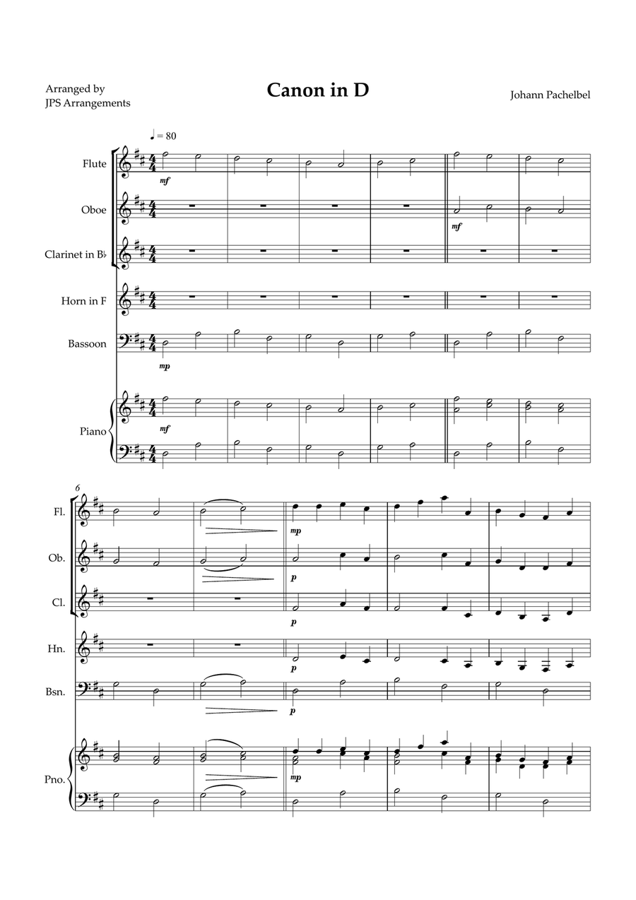 Canon in D for Wind Quintet and piano Woodwind Quintet scores gallery preview page 1