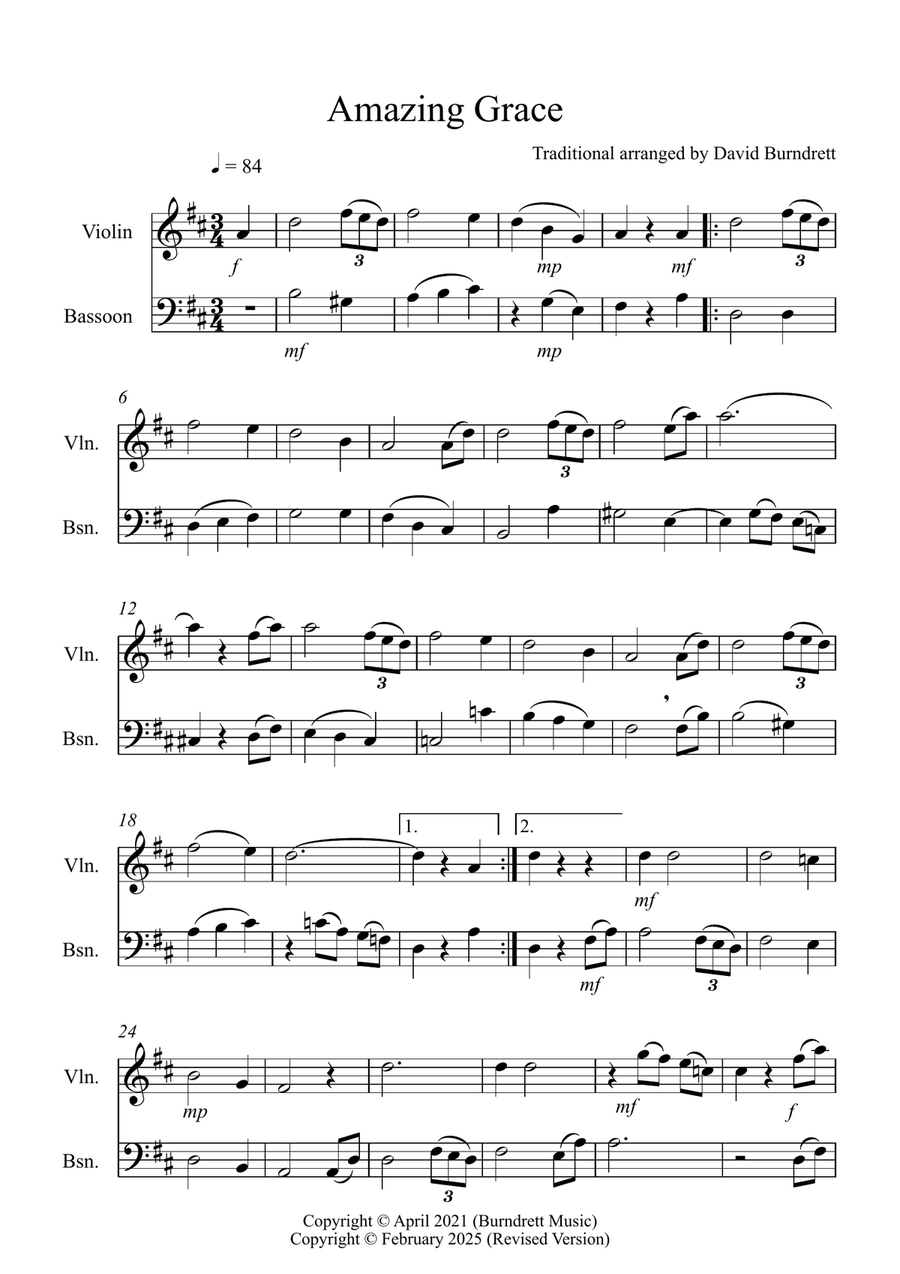 Amazing Grace for Violin and Bassoon Duet Bassoon scores gallery preview page 1