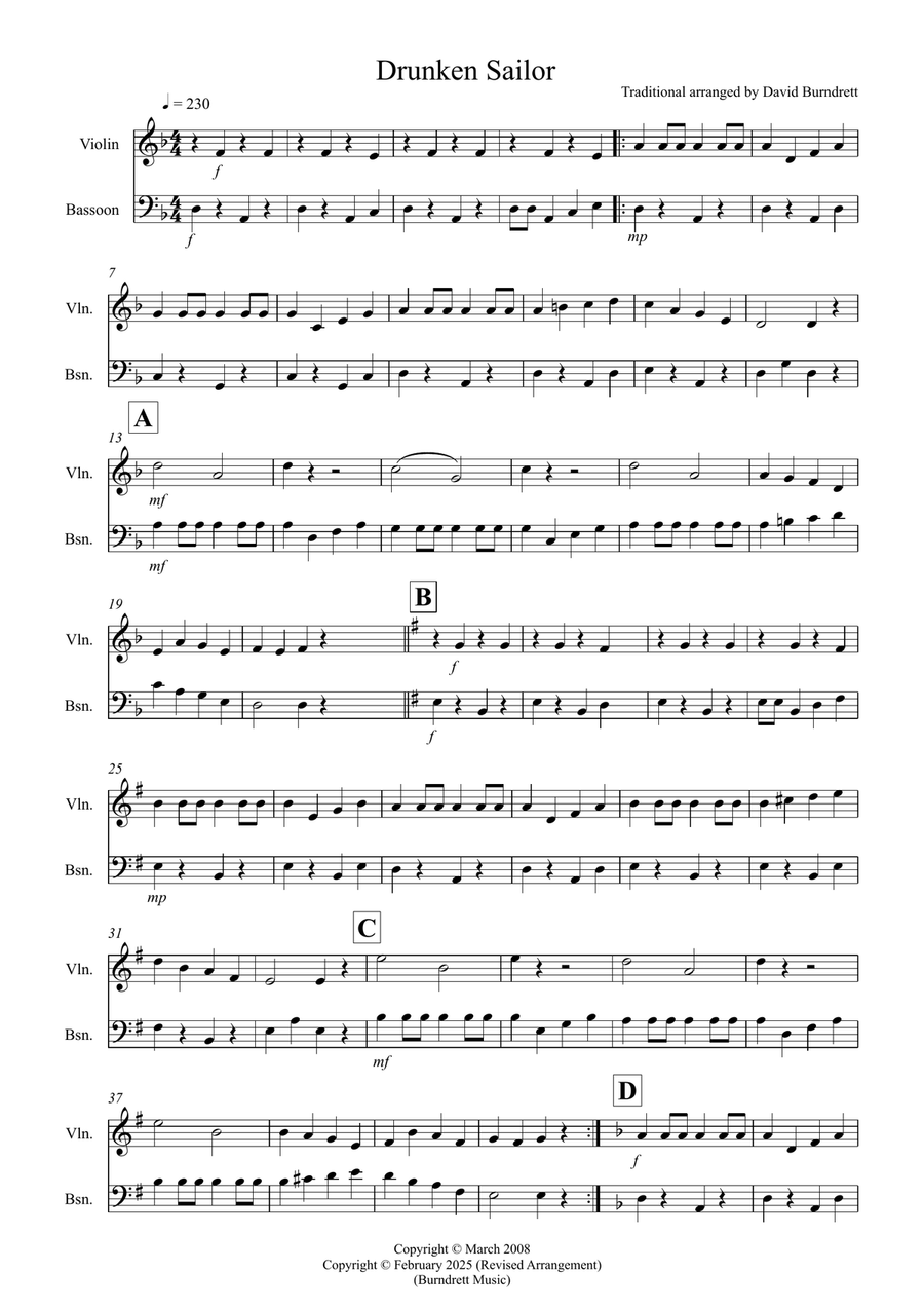 Drunken Sailor for Violin and Bassoon Duet Bassoon scores gallery preview page 1