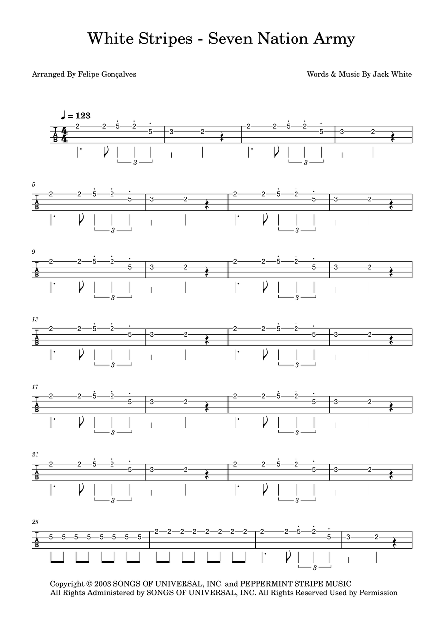 Seven Nation Army Seven Nation Army Bass Guitar Tablature scores gallery preview page 1