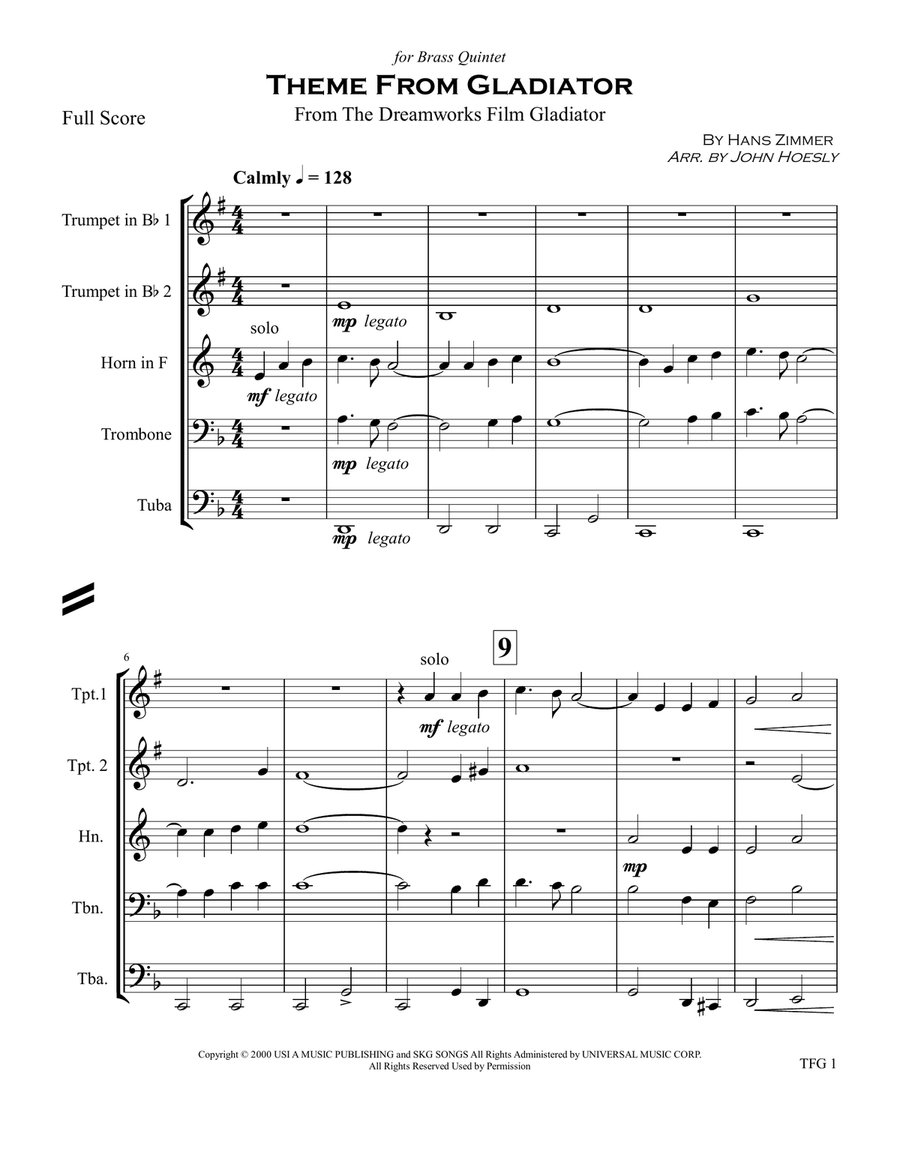 Gladiator Main Theme Brass Quintet scores gallery preview page 2