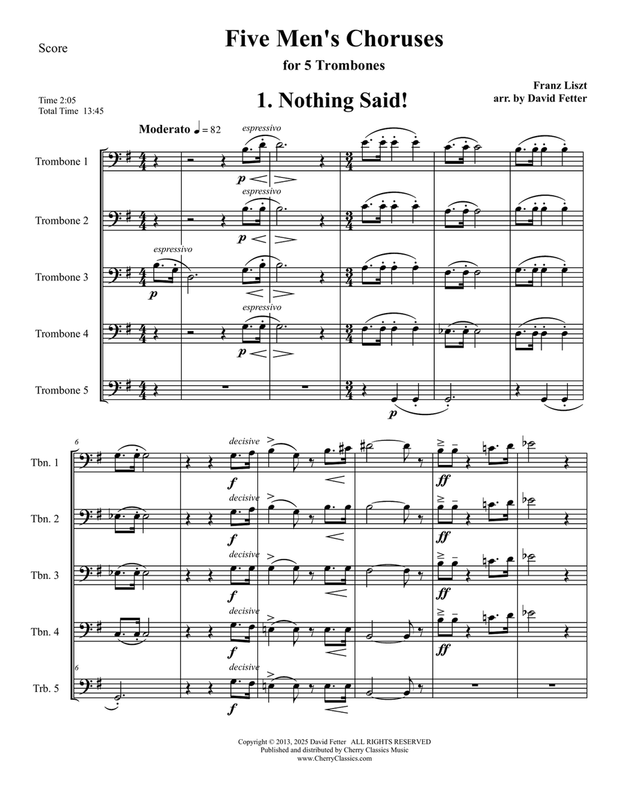 Five Men's Choruses for Trombone Ensemble Men's Choir scores gallery preview page 1