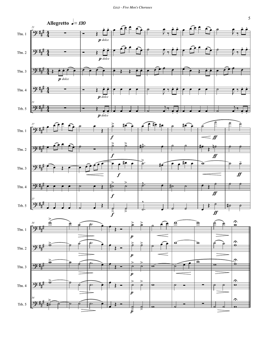 Five Men's Choruses for Trombone Ensemble Men's Choir scores gallery preview page 5