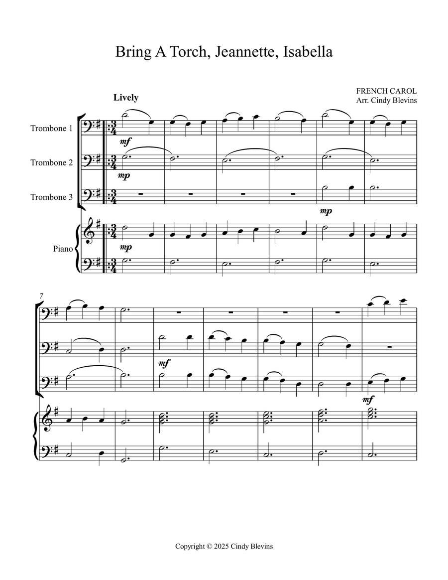 Bring a Torch, Jeannette, Isabella, for Three Trombones and Piano Trombone Trio scores gallery preview page 2